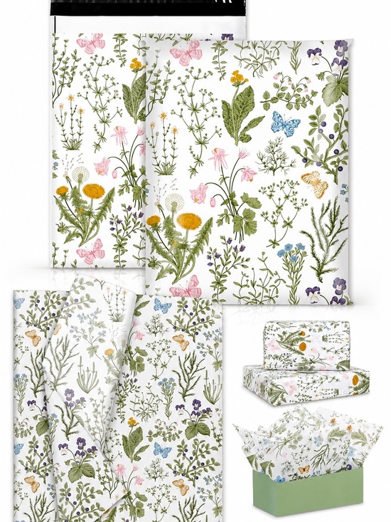 JarThenaAMCS Other - Vintage Retro Wildflower Poly Mailers 10x13 + Matching Tissue Paper Set (20)